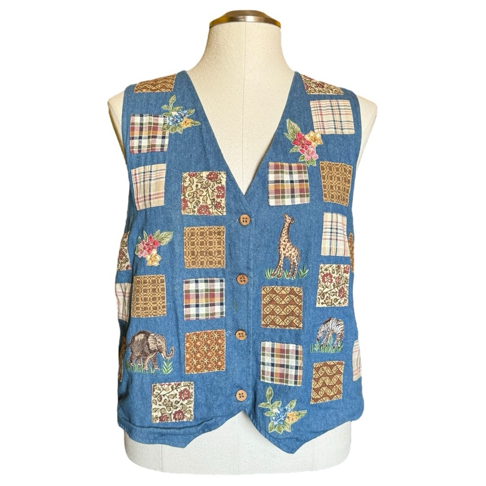 Studio Collection Patchwork Embroidered Animal Mixed Media Vintage Fall Vest - Picture 5 of 13